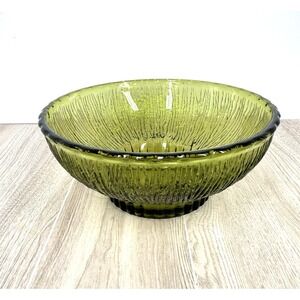 FTD Avocado Green Textured Glass Serving Bowl Ribbed Retro Floral Vase Bowl